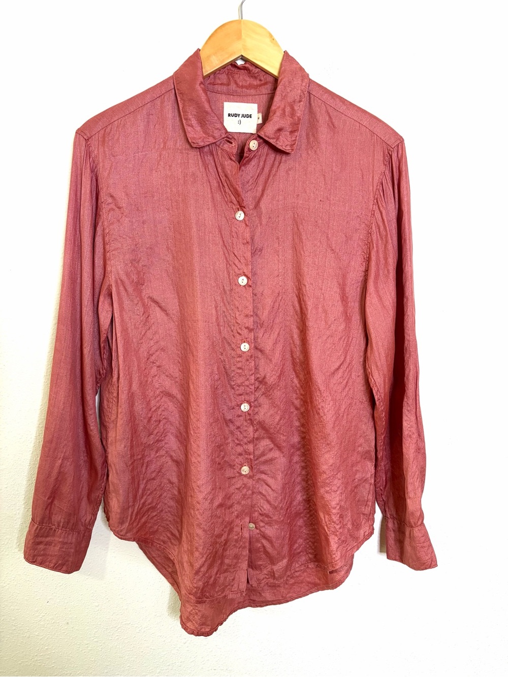 Rudy Jude wild silk Tony shirt women’s button front blouse light red M top